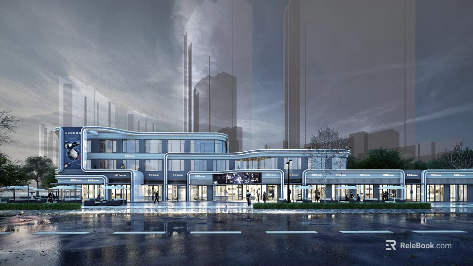 Modern Commercial Street With Glass Facades Lighting Shops And High Rise Buildings 3d model 