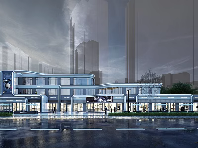 Modern Commercial Street With Glass Facades Lighting Shops And High Rise Buildings 3d model