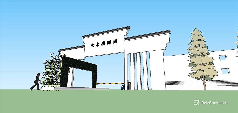 Modern Entrance Gate of Garden With White Structure Columns Green Trees and Blue Sky 3d model 