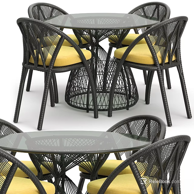 Modern Woven Rattan Table And Chairs Set With Yellow Cushions For Outdoor Use 3d model 
