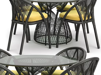 Modern Woven Rattan Table And Chairs Set With Yellow Cushions For Outdoor Use 3d model