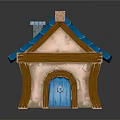 Cartoon House Scene With Blue Roof Pink Walls Wooden Frame Stone Accents And Blue Door