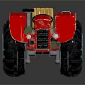 Red Toy Tractor With Yellow Seat Large Black Tires And Blue Rims