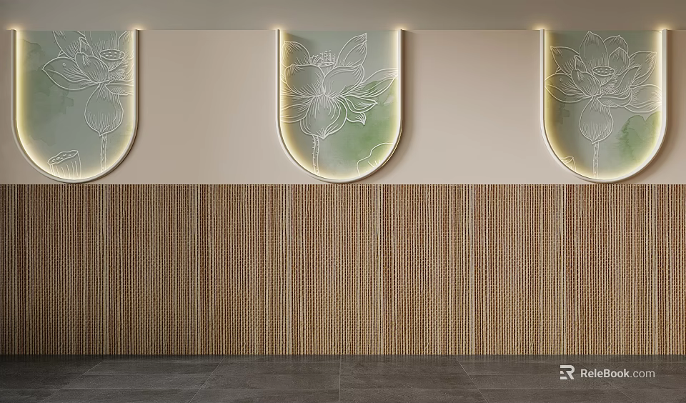 Contemporary Background Wall With Three Semi Circular Glass Lotus Decorations And Bamboo Weave Texture Lighting 3d model 