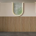 Contemporary Background Wall With Three Semi Circular Glass Lotus Decorations And Bamboo Weave Texture Lighting