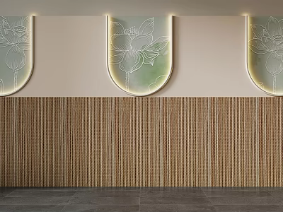 Contemporary Background Wall With Three Semi Circular Glass Lotus Decorations And Bamboo Weave Texture Lighting 3d model