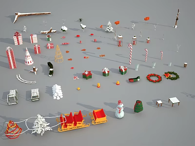 Festive Christmas Decorative Ornament Set With Sleigh Snowman Gift Boxes Wreaths And Trees 3d model