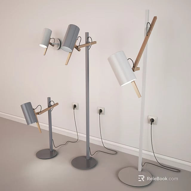 Modern Floor Lamps with Gray White Shades Metal Bases Wooden Arms Against White Wall 3d model 