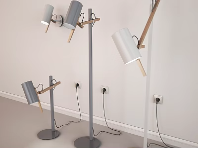 Modern Floor Lamps with Gray White Shades Metal Bases Wooden Arms Against White Wall 3d model