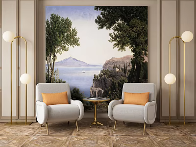 White Leisure Sofa Set With Orange Cushions Golden Table And Landscape Painting Backdrop 3d model