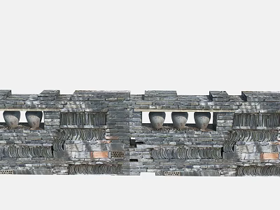 Traditional Stone Garden Feature Wall Design With Decorative Pots And Textured Patterns 3d model