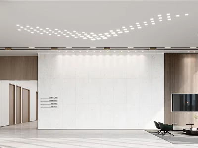 Modern Front Desk Reception Area With Concrete Wall And Recessed Lighting Design 3d model