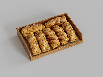 Fresh Twisted Bread Arranged in Wooden Tray for Breakfast or Snack 3d model