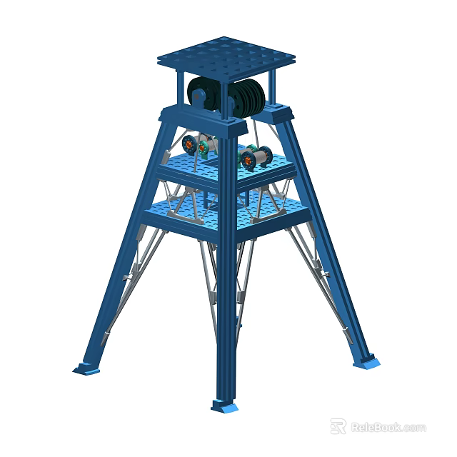 Blue Industrial Tower Structure With Metal Frame And Pulley Components 3d model