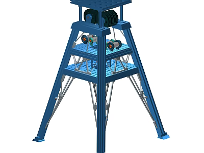 Blue Industrial Tower Structure With Metal Frame And Pulley Components 3d model