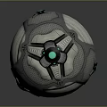 Futuristic Spherical Weapon with Metallic Surface Grid Structure and Green Glowing Mechanical Components 3d model