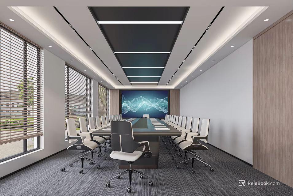 Modern Conference Room Interior With Long Table Office Chairs Large Screen And Windows 3d model 