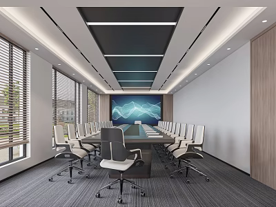 Modern Conference Room Interior With Long Table Office Chairs Large Screen And Windows 3d model