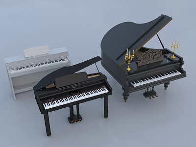 Classic Musical Instruments Collection With White Black Upright Grand Pianos And Golden Candlesticks 3d model