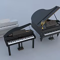 Classic Musical Instruments Collection With White Black Upright Grand Pianos And Golden Candlesticks