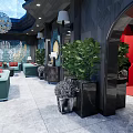 Modern Bar Interior Design With Neon Signs Round Moon Decoration Green Plants And Red Sofas