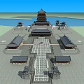 Ancient Chinese Architectural Complex With Pagoda Courtyard And Lakeside View 3d model