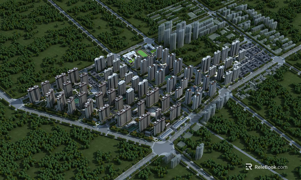 Aerial View Urban Planning With High Rise Buildings Green Spaces And Roads 3d model 