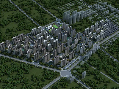Aerial View Urban Planning With High Rise Buildings Green Spaces And Roads 3d model