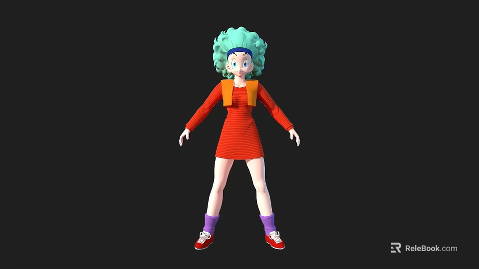 Game And Movie Character With Green Curly Hair Red Dress Yellow Backpack Purple Socks And Red Shoes 3d model 