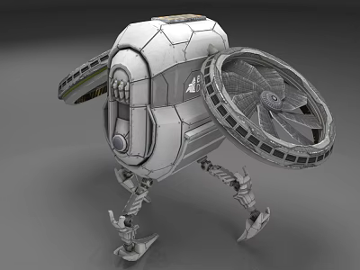 Metallic Mechanical Robot Like Structure With Fan Wheel And Mechanical Legs 3d model