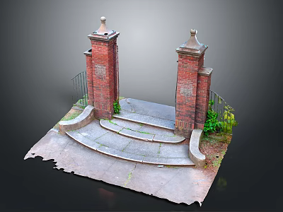 Red Brick Pillars With Ornamental Tops And Stone Steps Surrounded By Green Plants 3d model