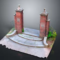 Red Brick Pillars With Ornamental Tops And Stone Steps Surrounded By Green Plants