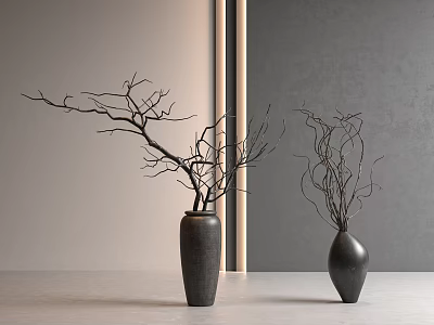 Dark Vases With Dried Branches On White Surface Light And Gray Walls Natural Light 3d model