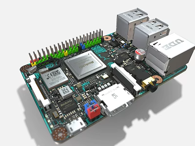Detailed Electronic Circuit Board With Microchip Capacitors Connectors And Heat Sink 3d model