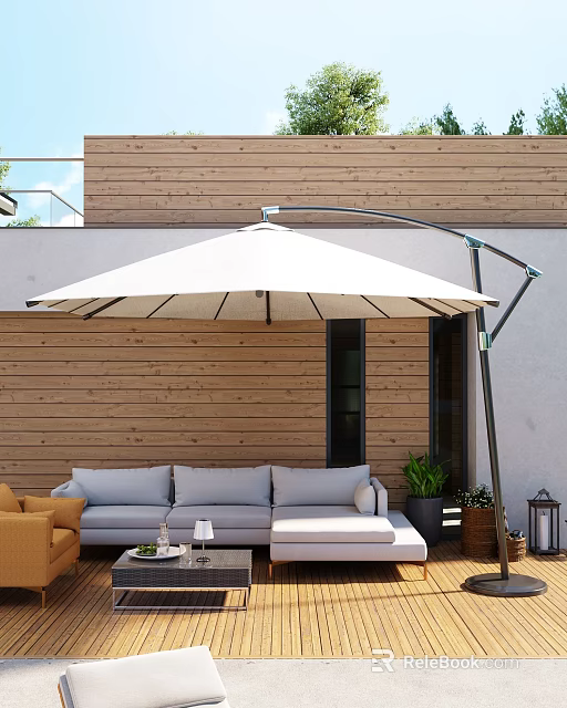 Comfortable Light Gray Outdoor Sofa With White Cantilever Umbrella And Wooden Wall 3d model 