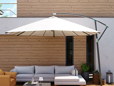 Comfortable Light Gray Outdoor Sofa With White Cantilever Umbrella And Wooden Wall 3d model
