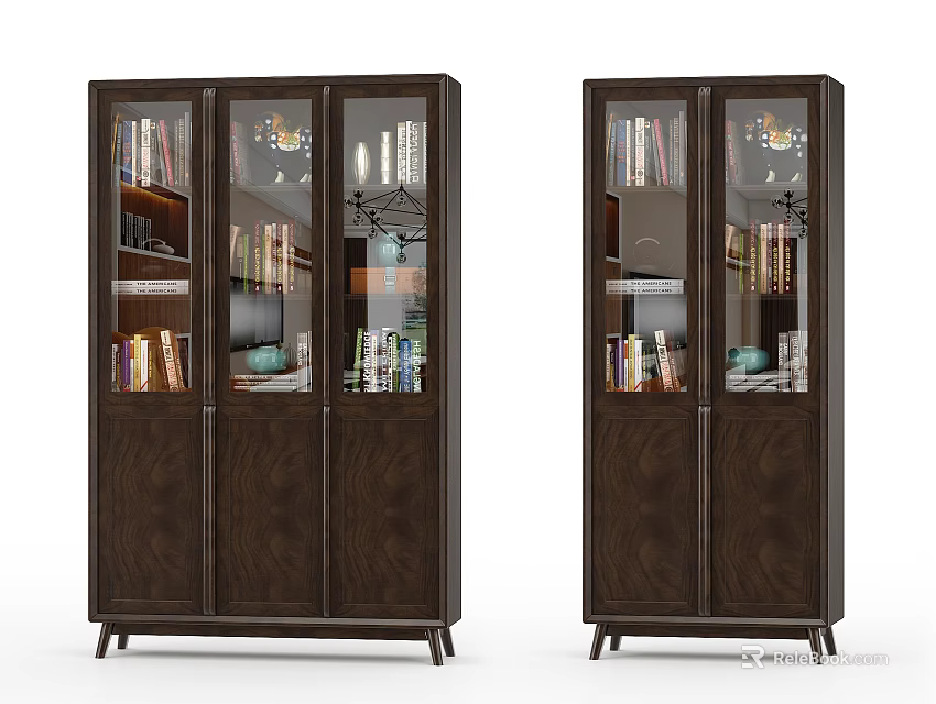 Two Modern Dark Wooden Bookcases With Glass Doors And Storage For Books Decorative Items 3d model 