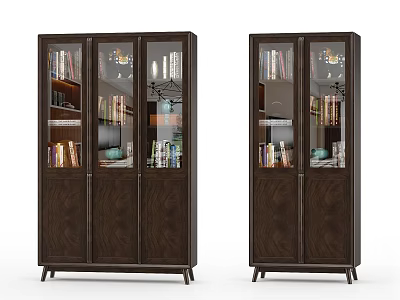 Two Modern Dark Wooden Bookcases With Glass Doors And Storage For Books Decorative Items 3d model