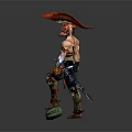 Warrior Character With Red Feathered Helmet Bare Chest And Sword Standing On Green Base