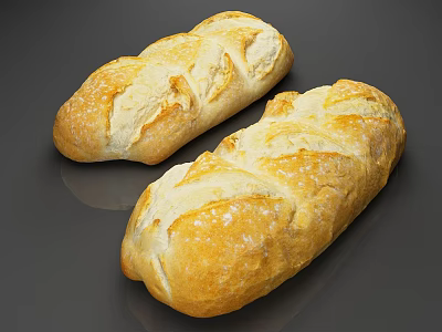 Golden Crust Artisan Long Loaf Bread with Rustic Patterns on Smooth Gray Surface 3d model