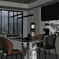 Modern Dining Room Interior With Marble Table Leather Chairs And Pendant Lights 3d model
