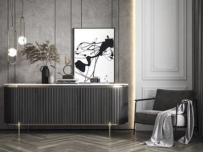 Stylish Black TV Stand With Vertical Stripes Gold Legs Abstract Painting Potted Plant Herringbone Floor 3d model