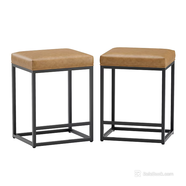 Modern Set of Two Brown Faux Leather Bar Stools with Sturdy Black Metal Frame 3d model 