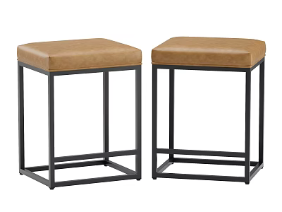 Modern Set of Two Brown Faux Leather Bar Stools with Sturdy Black Metal Frame 3d model