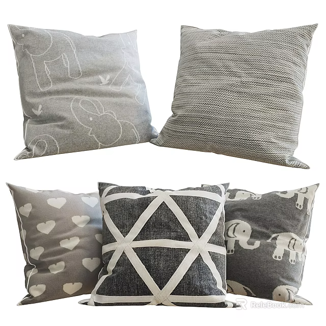 Gray Throw Pillows With Geometric Patterns Heart Prints And Elephant Designs 3d model 