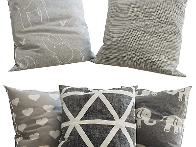 Gray Throw Pillows With Geometric Patterns Heart Prints And Elephant Designs 3d model