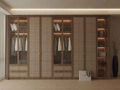 Modern Wardrobe With Glass Doors Woven Texture Panels Hanging Clothes And Open Shelves 3d model