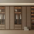 Modern Wardrobe With Glass Doors Woven Texture Panels Hanging Clothes And Open Shelves