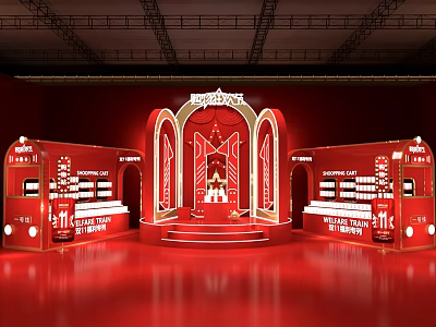 Red Themed Exhibition Booth With Golden Arched Structures Display Stage And Lighting 3d model