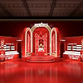 Red Themed Exhibition Booth With Golden Arched Structures Display Stage And Lighting